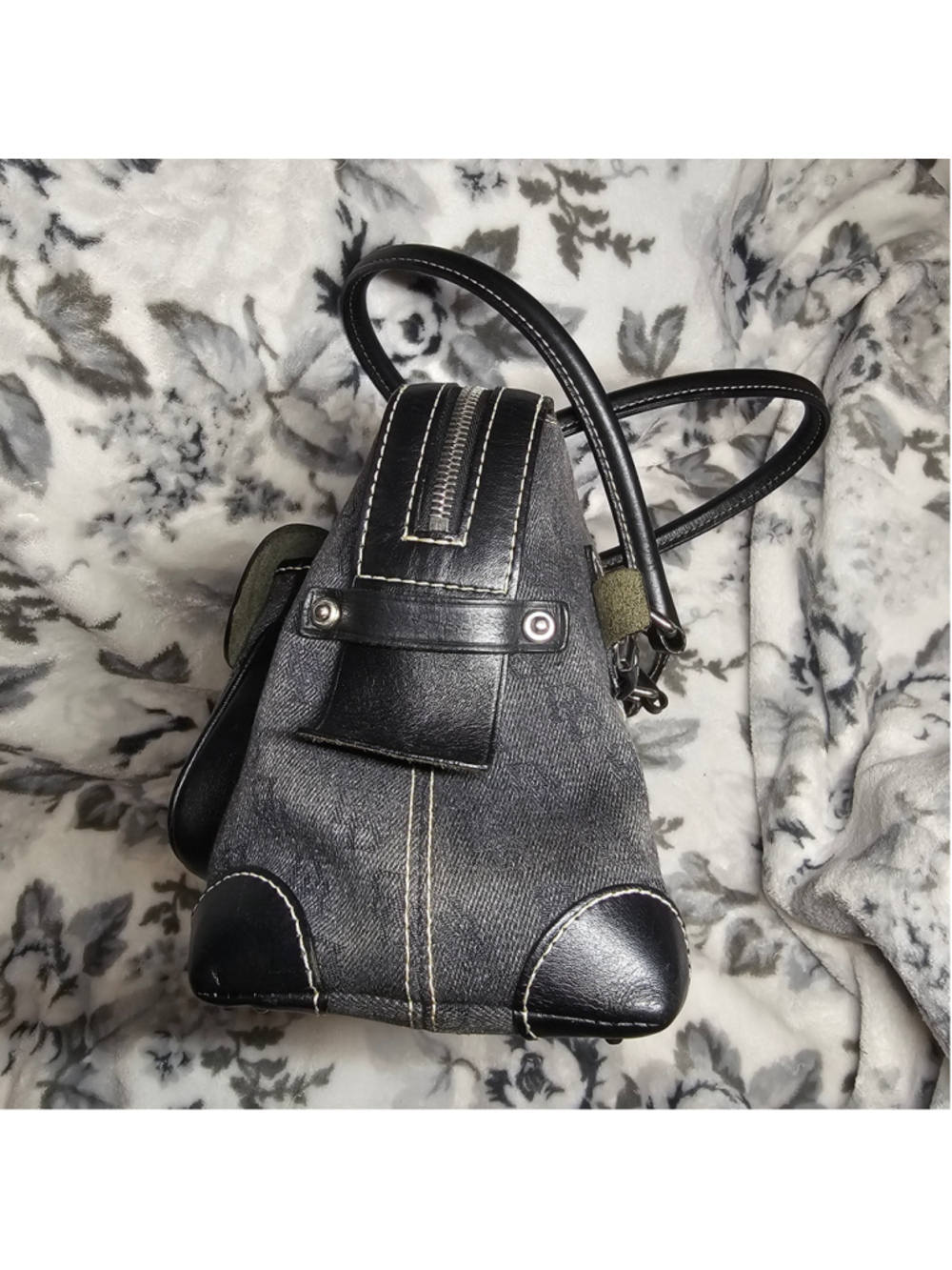 Dooney & Bourke Black Denim Monogram Canvas Leather Trim Shoulder Bag - Picture 7 of 11